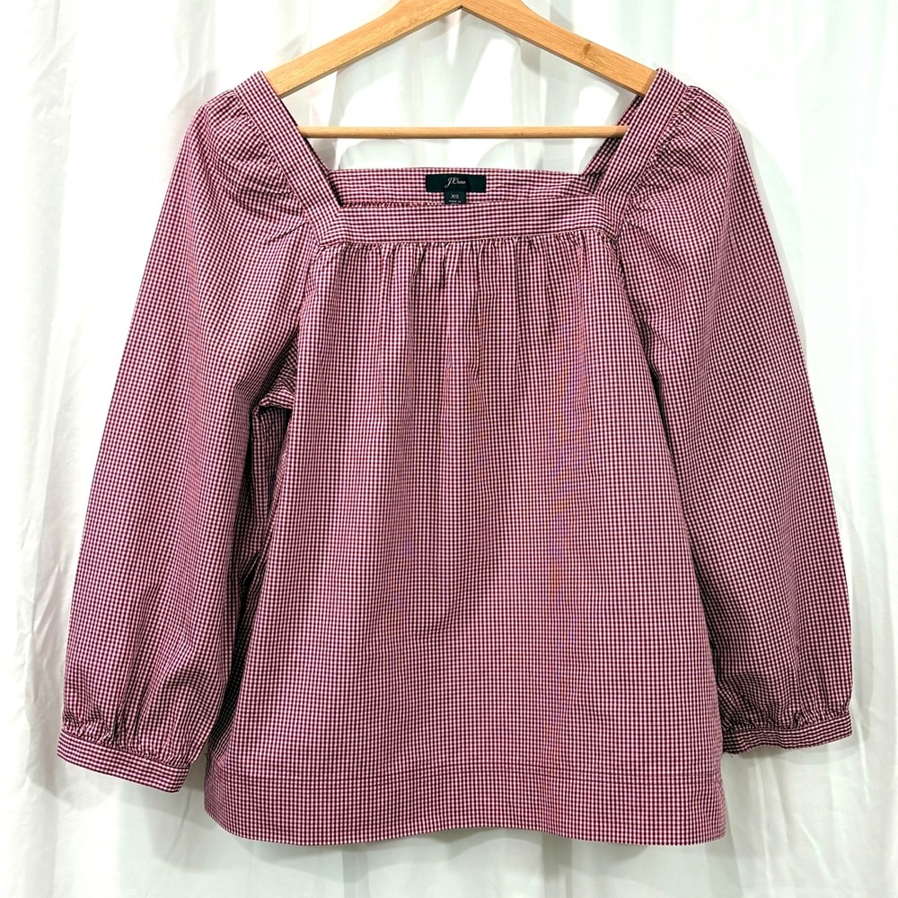 Women's J. Crew Penny Top- Red Gingham- Square Neck- 100% Cotton Blouse, Size XS